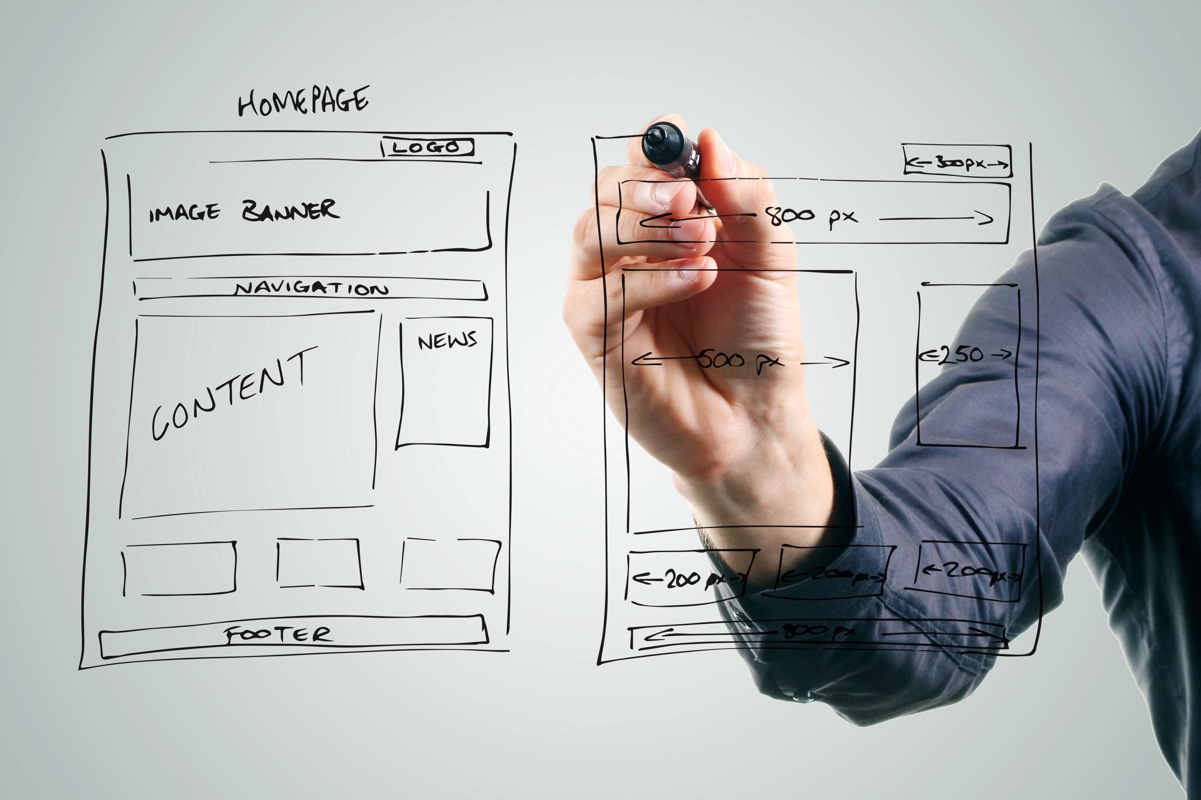 Schiță de pagină web desenată pe sticlă